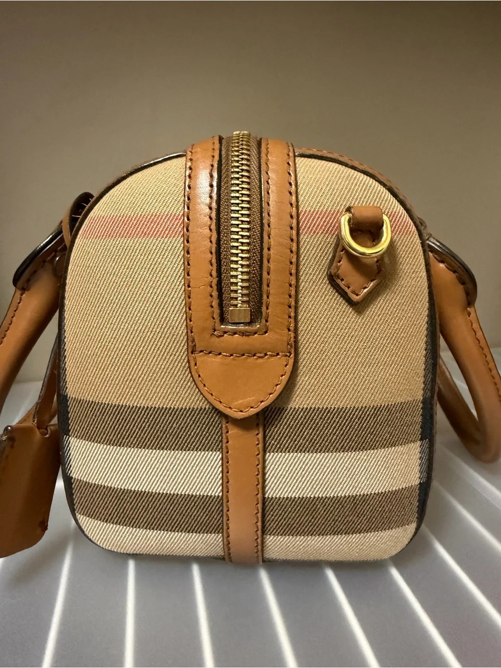 Burberry Alchester Tan Leather & Classic Check bowling bag